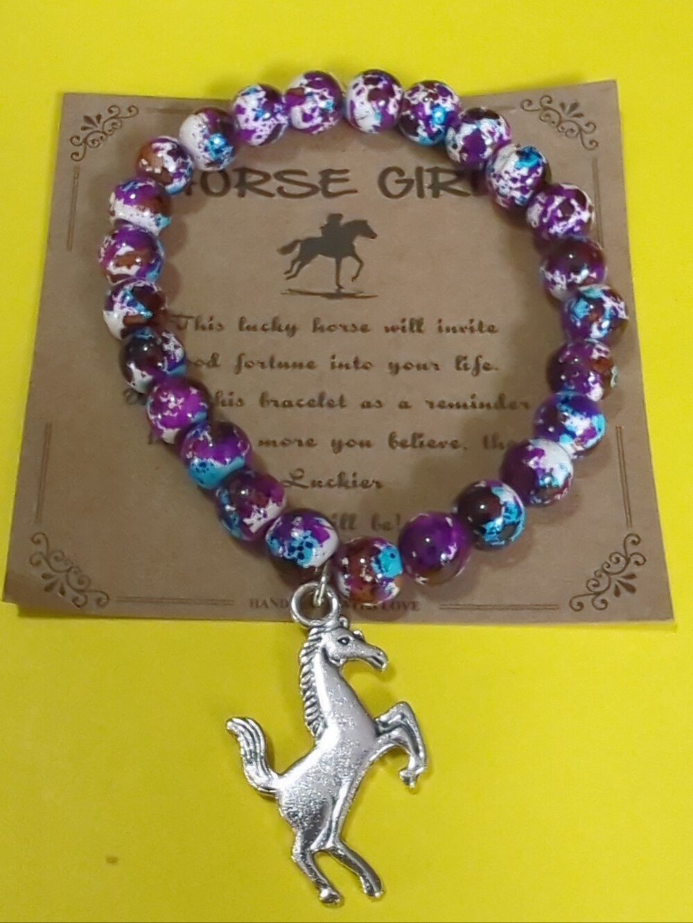 Horse Pendant Stretch Bracelet Multiple Color Purples W/ Inspirational Quote NWT